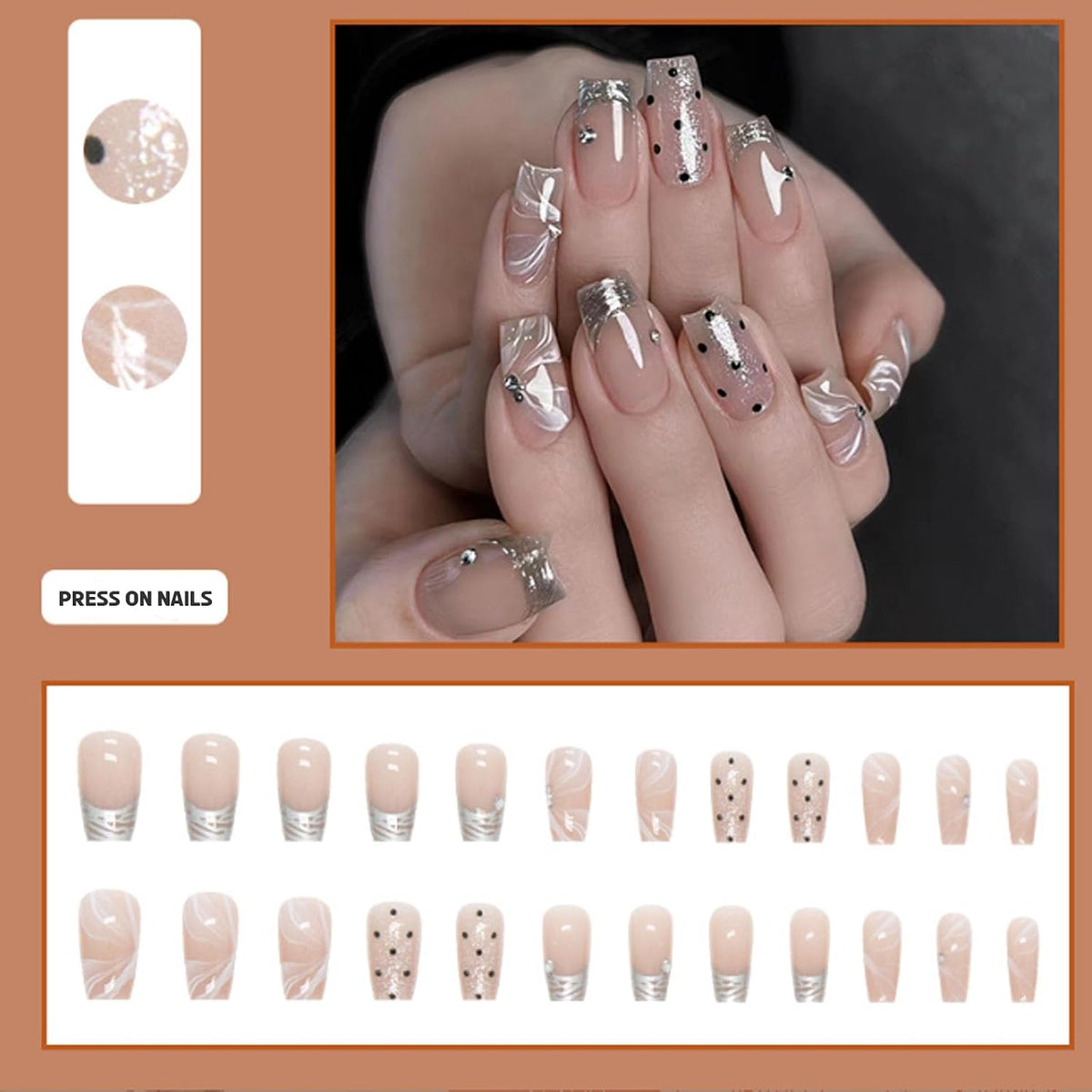 Hkanlre Silver Press on Nails Medium Fake Nails Tips Full Cover French False Square Dot Nails for Women and Girls 24PCS