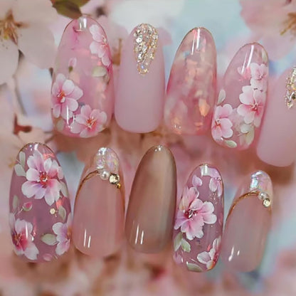 30Pcs Pink Flower Press on Nails Medium Almond Fake Nails Peach Blossom with 3D Rhinestones Pearl Gold Glitter Design Artificial Cute Cat Nails Stick on Nails Spring False Nails for Women Acrylic Nail