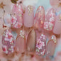 30Pcs Pink Flower Press on Nails Medium Almond Fake Nails Peach Blossom with 3D Rhinestones Pearl Gold Glitter Design Artificial Cute Cat Nails Stick on Nails Spring False Nails for Women Acrylic Nail