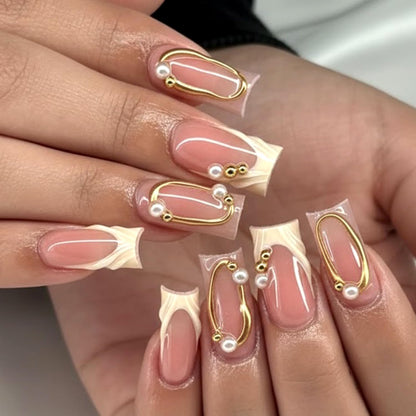 Press on Nails French Tip Fake Nails with Leopard Print 3D Flower Designs Gold Bead Star Medium Square Full Cover Stick on False Nail for Women 24 Pcs