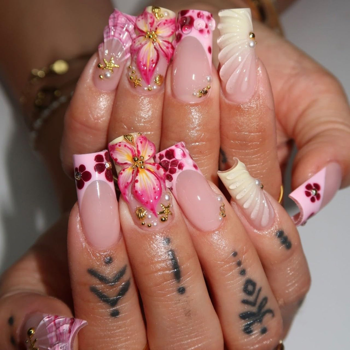Long Square Press on Nails - Leopard Print French Tip Fake Nails Press ons with 3D Gold Pearl and Red Flower Designs, Glossy Reusable Autumn Winter Stick on False Nails for Women 24PCS