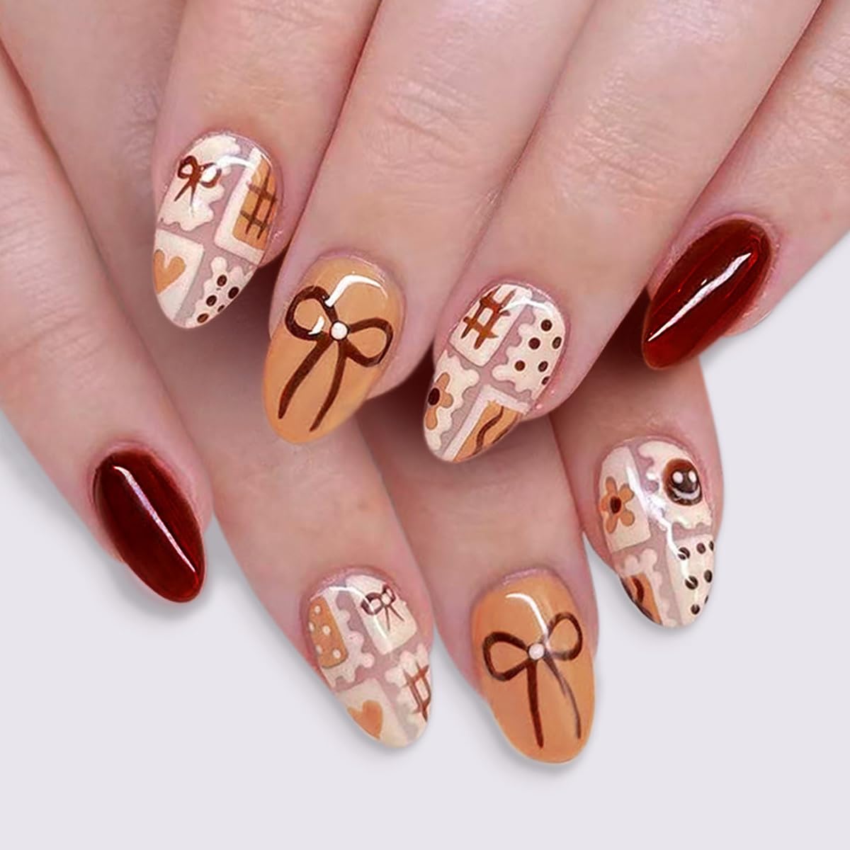 Fall Press on Nails Medium Almond, French Tip & Leopard Print