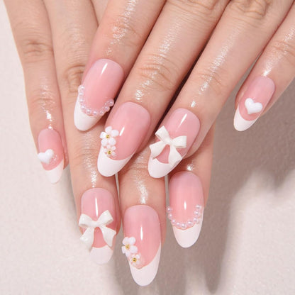 White French Tips Press on Nails, Irregular Gold 3D Lines with Flower & Pearl Design, Reusable Salon Quality Acrylic False Nails for Women, Glue On Nails with Adhesive Tabs for Daily Wear
