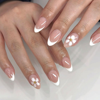 Short Press On Almond Fake Nails - Flower Acrylic Fall Nails Press Ons Full Cover Glue On Cute False Floral Stick On Nails for Women - 30 Pcs