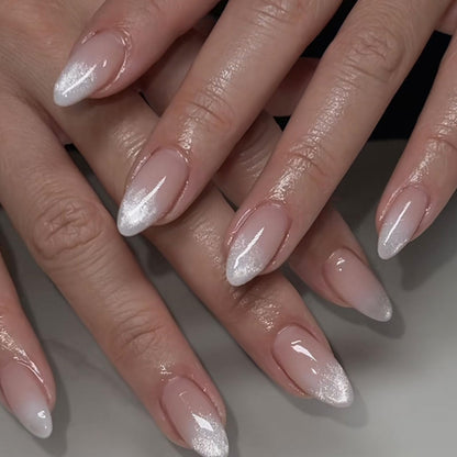 French Tip Press on Nails Almond Medium Fake Nails with Cat Eye Stars Designs Nails Press ons Gold Nude Glue on Nails Natural Artificial Nails Cute Stick on Nails for Women 24Pcs