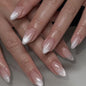 French Tip Press on Nails Almond Medium Fake Nails with Cat Eye Stars Designs Nails Press ons Gold Nude Glue on Nails Natural Artificial Nails Cute Stick on Nails for Women 24Pcs
