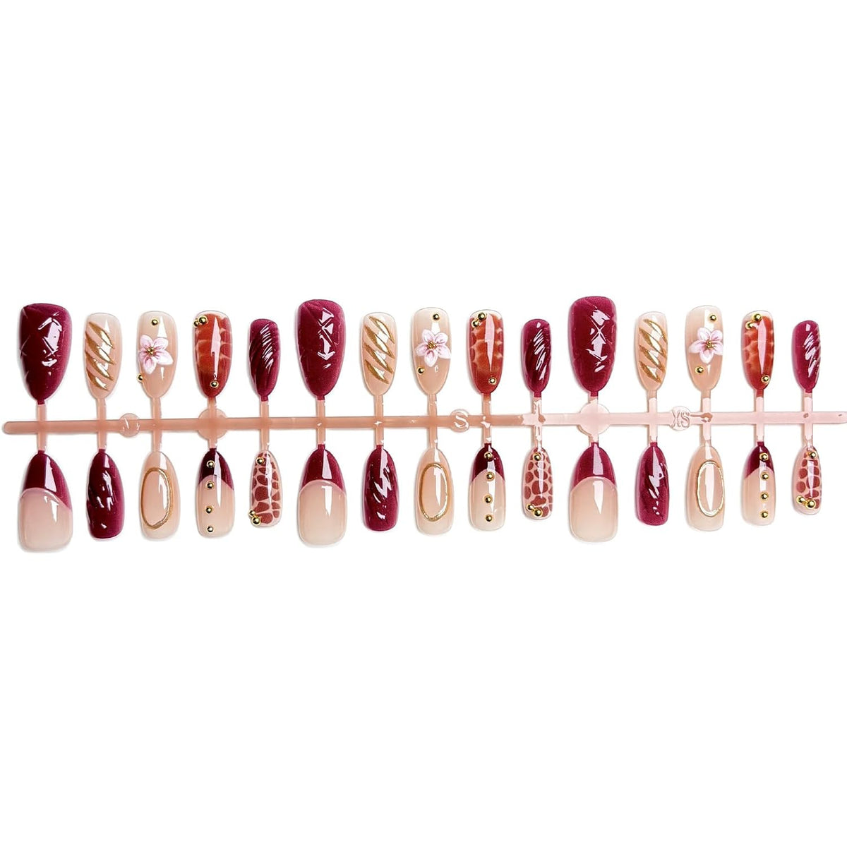Fall Press on Nails Medium Almond French Tip, 30 Pcs Handmade 3D Flowers Gold Lines Embossed Designs, Glossy Nude Fake Nails, Reusable Glue On Nails, Full Cover Acrylic Nails for Women Brown
