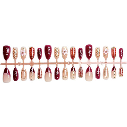 Fall Press on Nails Medium Almond French Tip, 30 Pcs Handmade 3D Flowers Gold Lines Embossed Designs, Glossy Nude Fake Nails, Reusable Glue On Nails, Full Cover Acrylic Nails for Women Brown
