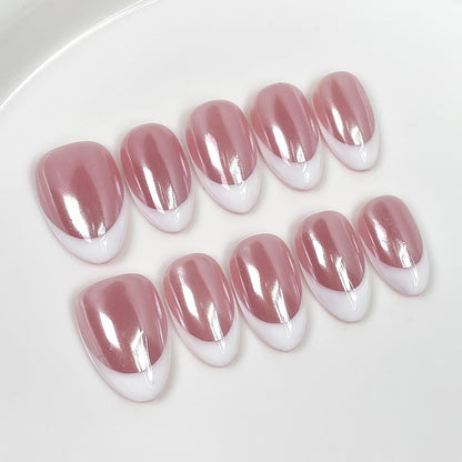 Handmade Press on Nails Short Almond Nude Polka Dot Glossy Reusable Fake Nails, Minimalist Beige Acrylic Press on Nails with White Dot Design for Women Girls 10 PCS(M)