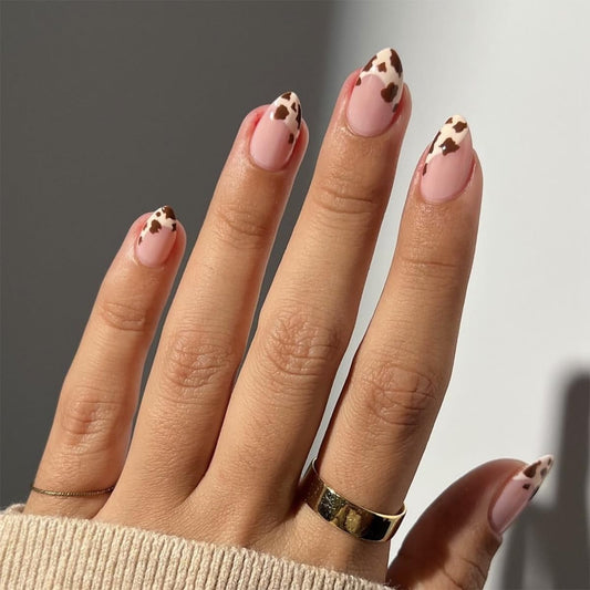 French Tip Press on Nails Almond Fake Nails Medium False Nails with Cow Stripe Design Full Cover Artificial Glossy Reusable Glue on Nail Nude Acrylic Stick on Nail for Women 24Pcs