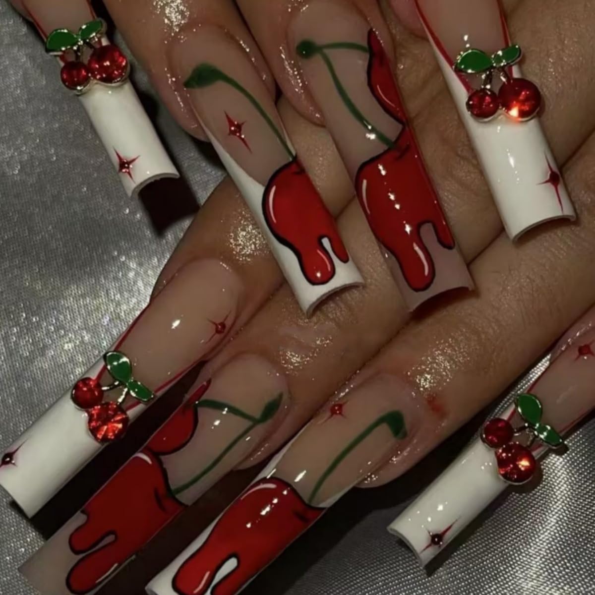 Long Square Press on Nails - Leopard Print French Tip Fake Nails Press ons with 3D Gold Pearl and Red Flower Designs, Glossy Reusable Autumn Winter Stick on False Nails for Women 24PCS