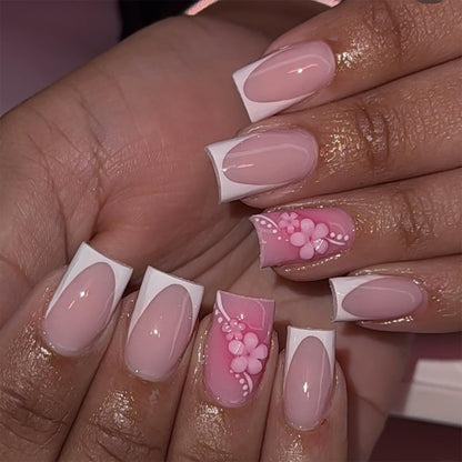 24Pcs Square Press on Nails Medium Length Fake Nails with Rhinestone Designs Bow Pink French Tip False Nails Cute Full Cover Reusable Stick on Nails for Women Girls Manicure Kit