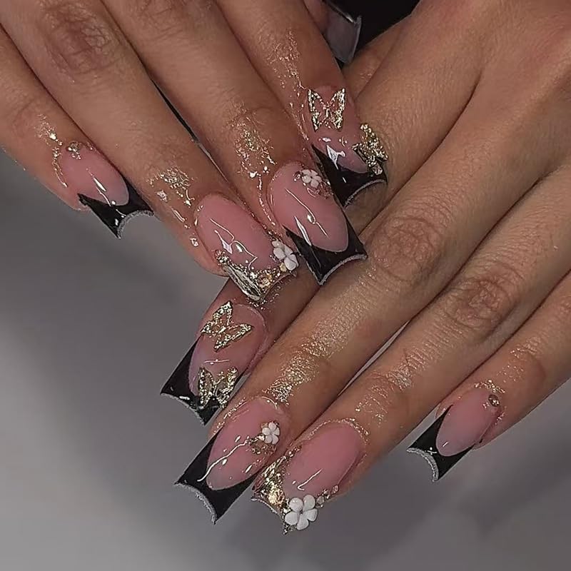 24Pcs Square Press on Nails Medium Length Fake Nails with Rhinestone Designs Bow Pink French Tip False Nails Cute Full Cover Reusable Stick on Nails for Women Girls Manicure Kit