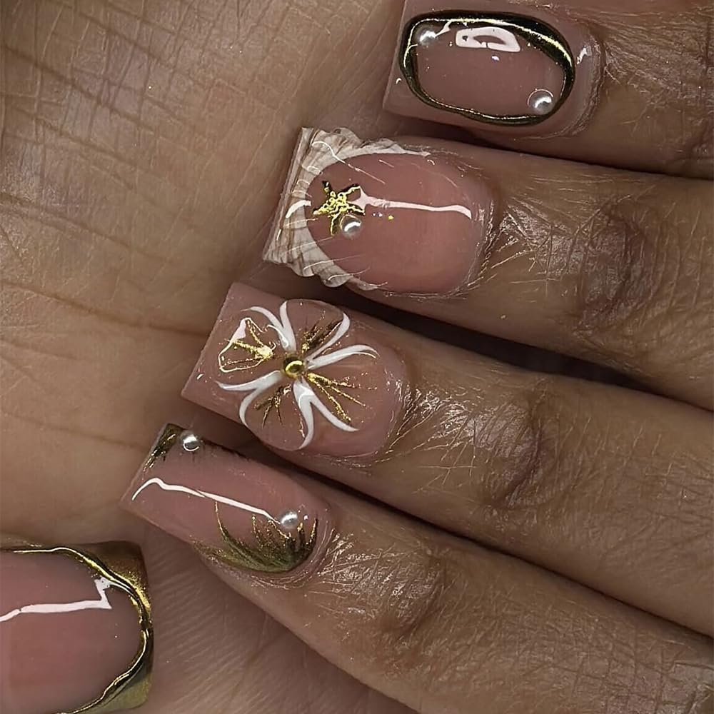 24Pcs Square Press on Nails Medium Length Fake Nails with Rhinestone Designs Bow Pink French Tip False Nails Cute Full Cover Reusable Stick on Nails for Women Girls Manicure Kit
