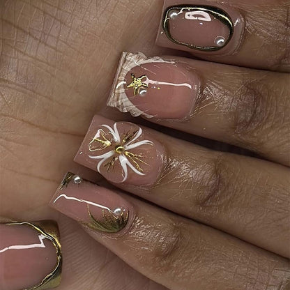 24Pcs Square Press on Nails Medium Length Fake Nails with Rhinestone Designs Bow Pink French Tip False Nails Cute Full Cover Reusable Stick on Nails for Women Girls Manicure Kit