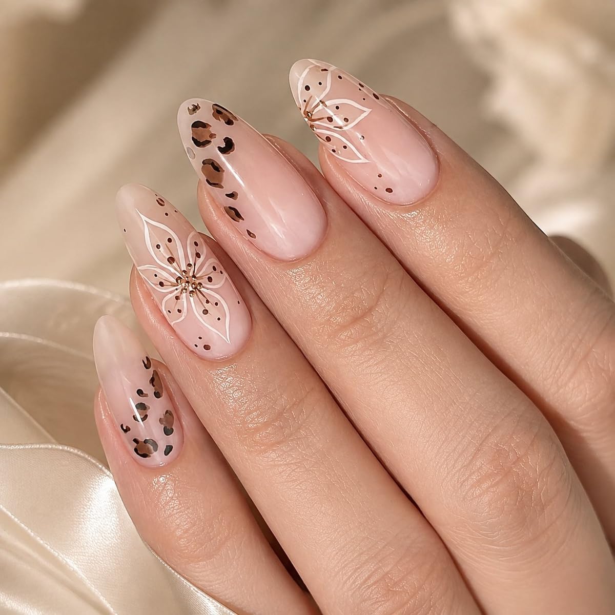 Fall Press on Nails Medium Almond, French Tip & Leopard Print