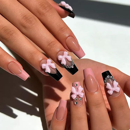 CTTHNBD Press on Nails Square, Medium, Black French Tip Fake Nails