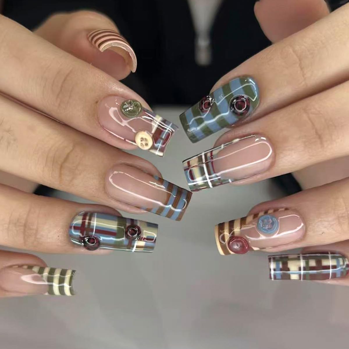 Long Square Press on Nails - Leopard Print French Tip Fake Nails Press ons with 3D Gold Pearl and Red Flower Designs, Glossy Reusable Autumn Winter Stick on False Nails for Women 24PCS