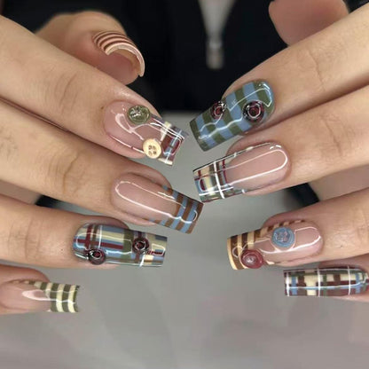 Long Square Press on Nails - Leopard Print French Tip Fake Nails Press ons with 3D Gold Pearl and Red Flower Designs, Glossy Reusable Autumn Winter Stick on False Nails for Women 24PCS