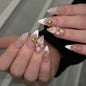 Fall Press on Nails Medium Almond French Tip, 30 Pcs Handmade 3D Flowers Gold Lines Embossed Designs, Glossy Nude Fake Nails, Reusable Glue On Nails, Full Cover Acrylic Nails for Women Brown