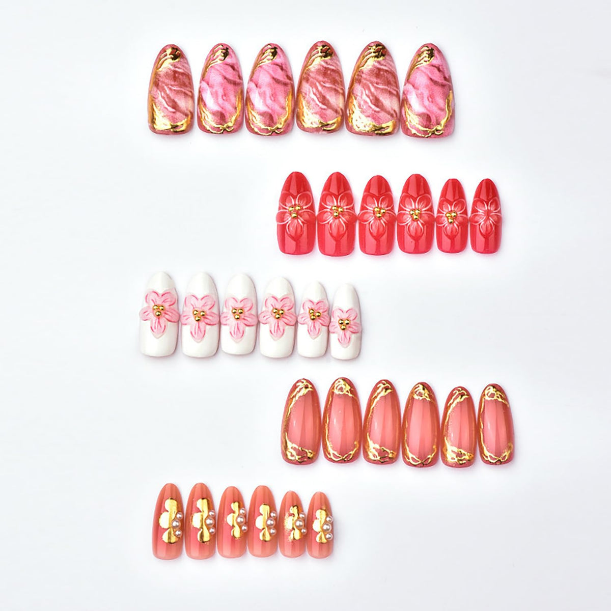 30Pcs Pink Press on Nails Medium Almond Fake Nails with 3D Flowers Pearl Designs Gold Flower False Nails Pink Gradient Acrylic Nail Tips Peach Blossoms Full Cover Stick on Nails for Women