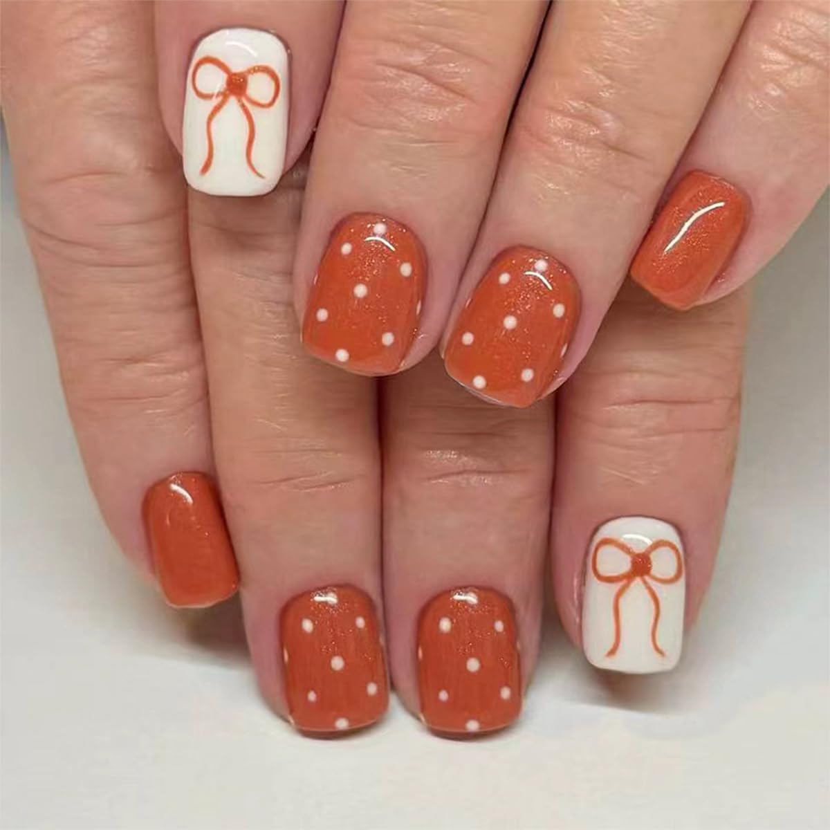 French Tip Press on Nails Short Almond Nude Fake Nails Press on with Polka Dot Design Stripe False Nails Glossy Full Cover Summer Nails for Women 24Pcs