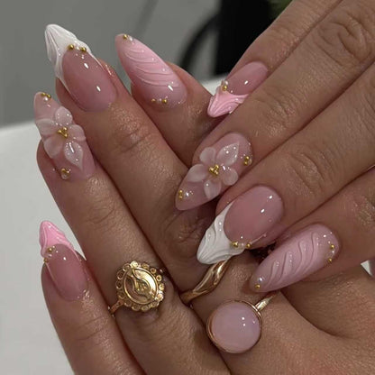 24Pcs Nail Press ons, Medium Press On Nails Almond Nude Pink Fake Nails with Cat's Eye Glossy High-end Design, Acrylic Artificial False Stick On Nails for Women Girls