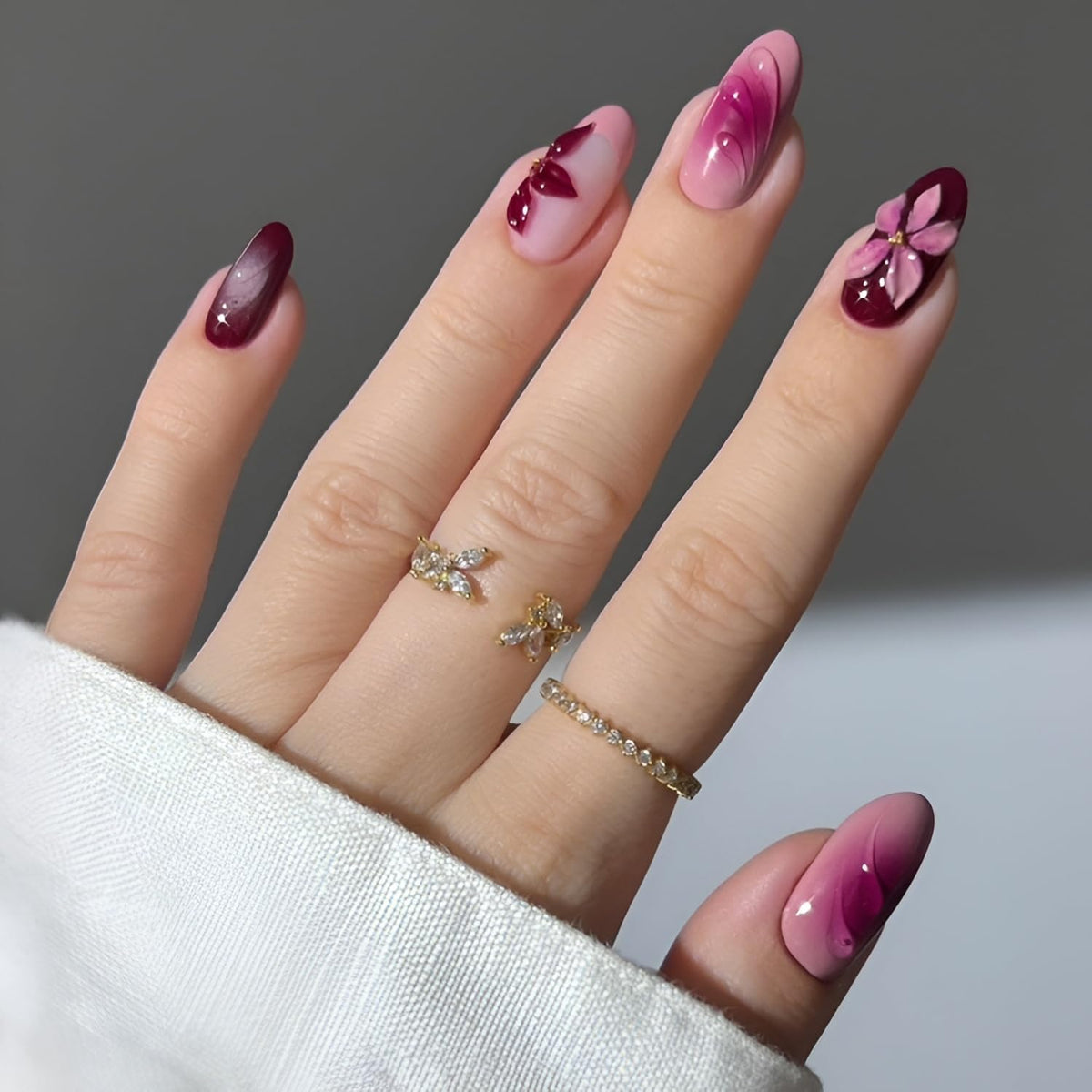 French Tip Press on Nails Medium Almond Fake Nails Brown Fall Nails Press Ons Brown Flower False Nails with Gold Rhinestones Design Glossy Glue on Nail Acrylic Stick on Nail for Women Set 24Pcs