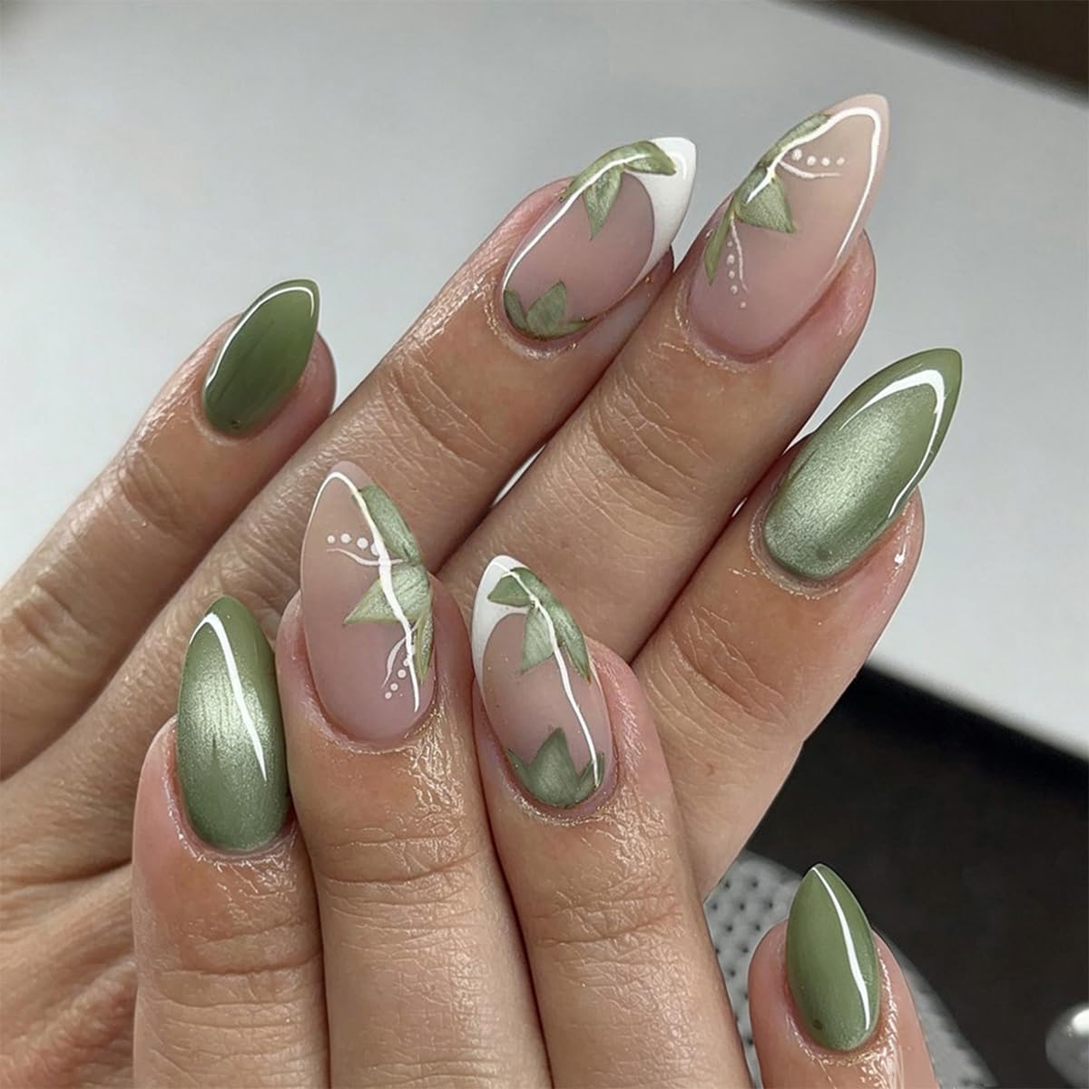 French Tip Press on Nails Short Almond Nude Fake Nails Press on with Polka Dot Design Stripe False Nails Glossy Full Cover Summer Nails for Women 24Pcs