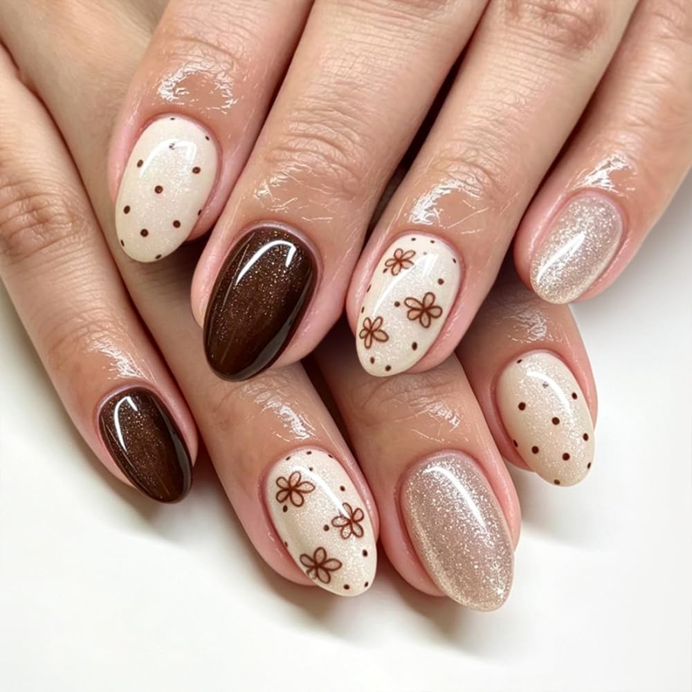 Almond Press on Nails Medium French Tip Fall Fake Nails with Brown Leopard Design Acrylic Nails Glossy False Nails Press ons Full Cover Glue on Nails for Women Manicure 24Pcs