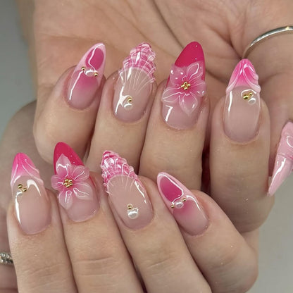 30Pcs Pink Press on Nails Medium Almond Fake Nails with 3D Flowers Pearl Designs Gold Flower False Nails Pink Gradient Acrylic Nail Tips Peach Blossoms Full Cover Stick on Nails for Women