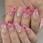30Pcs Pink Press on Nails Medium Almond Fake Nails with 3D Flowers Pearl Designs Gold Flower False Nails Pink Gradient Acrylic Nail Tips Peach Blossoms Full Cover Stick on Nails for Women