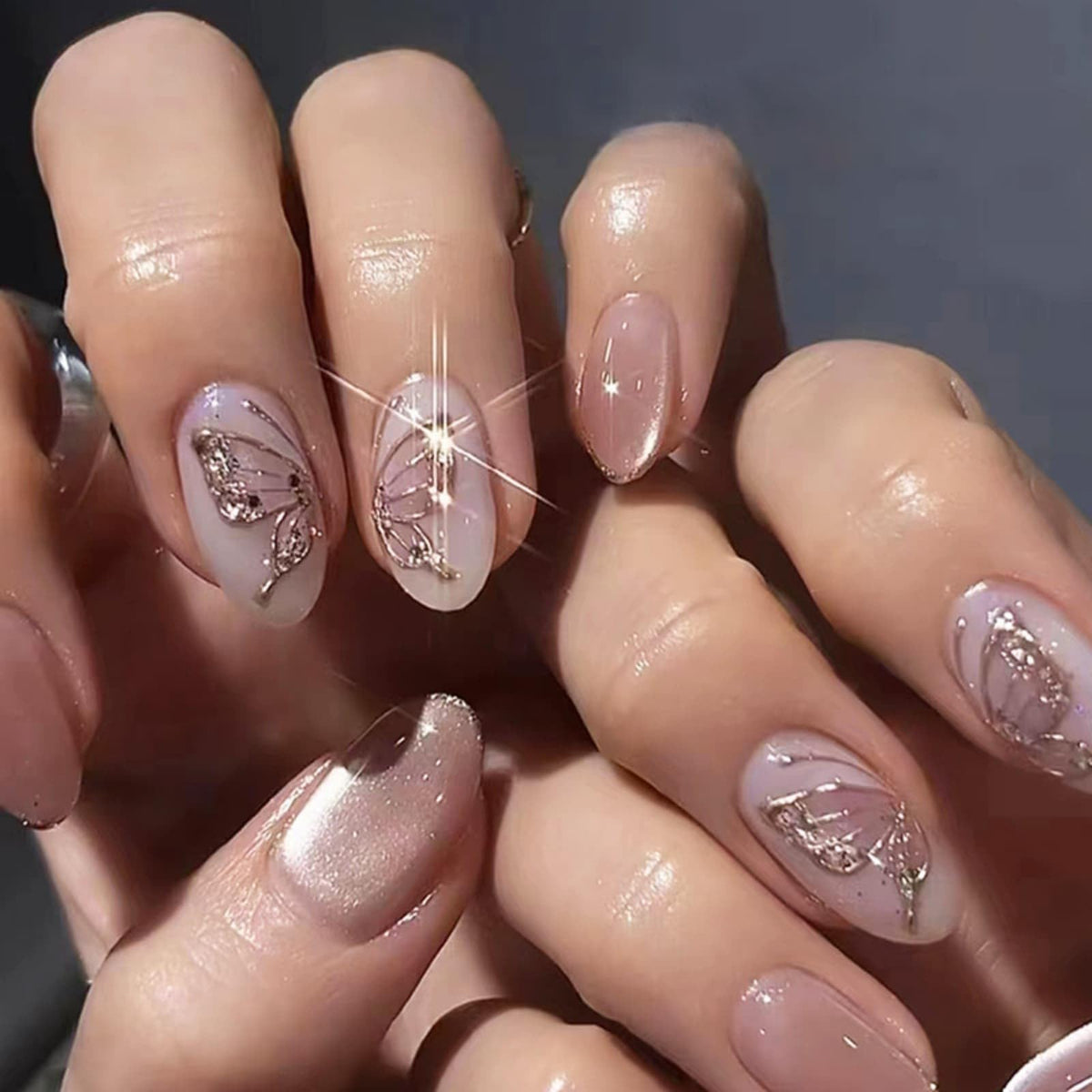24PCS French Tip Press On Nails, Glossy Nude Square, Silver Edge