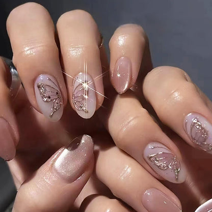 24PCS French Tip Press On Nails, Glossy Nude Square, Silver Edge