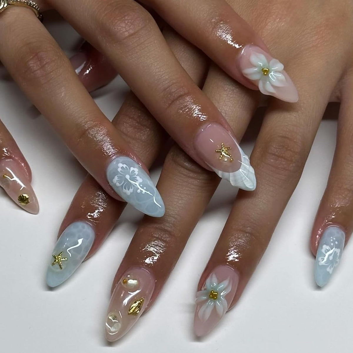 Spring Fake Acrylic Press On Nails – Starry Sky Designer False Nails Medium Almond, Salon Quality, Glossy Reusable Stick-On Nails for Weddings, Outdoor Picnics & Parties | Gift for Women