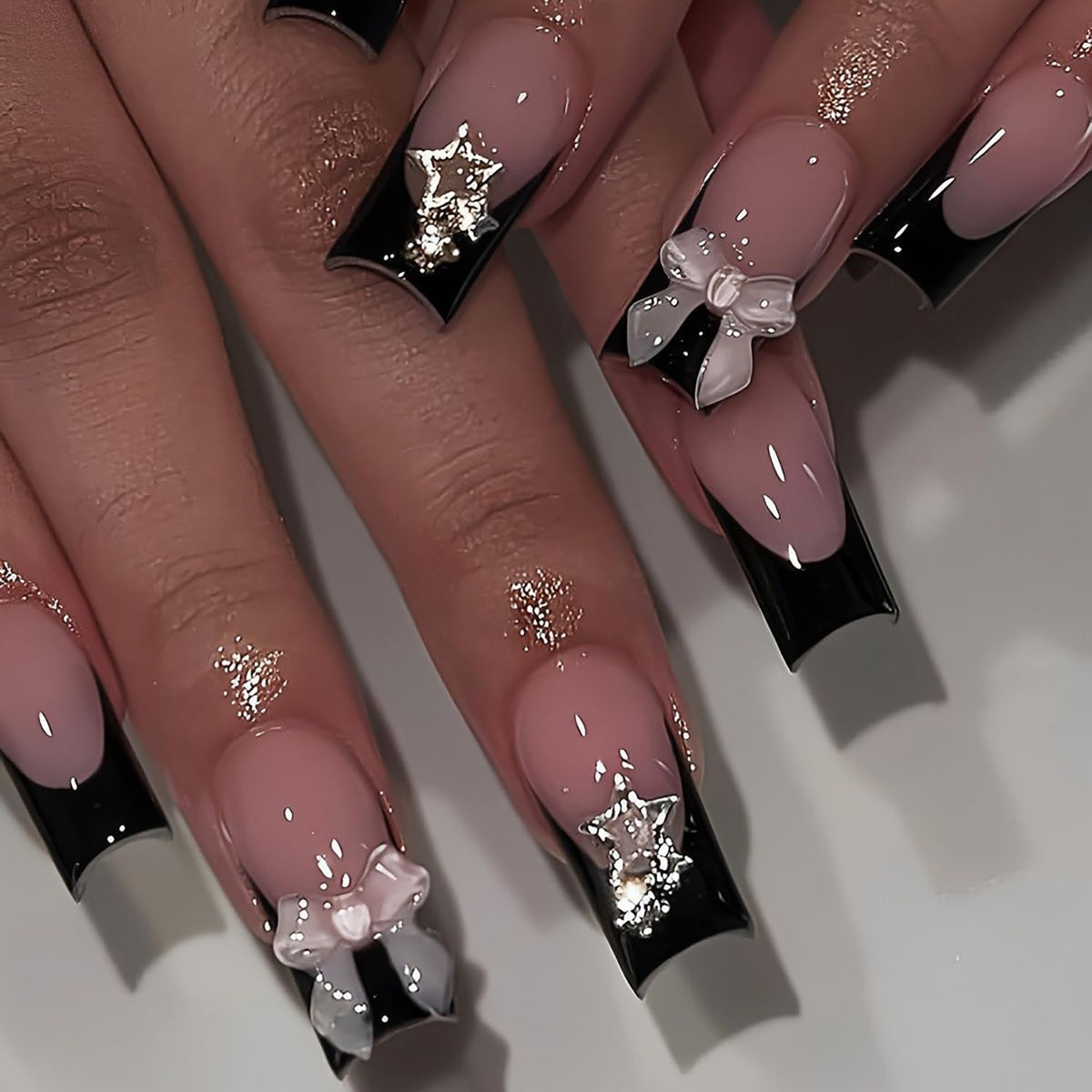 24Pcs Square Press on Nails Medium Length Fake Nails with Rhinestone Designs Bow Pink French Tip False Nails Cute Full Cover Reusable Stick on Nails for Women Girls Manicure Kit
