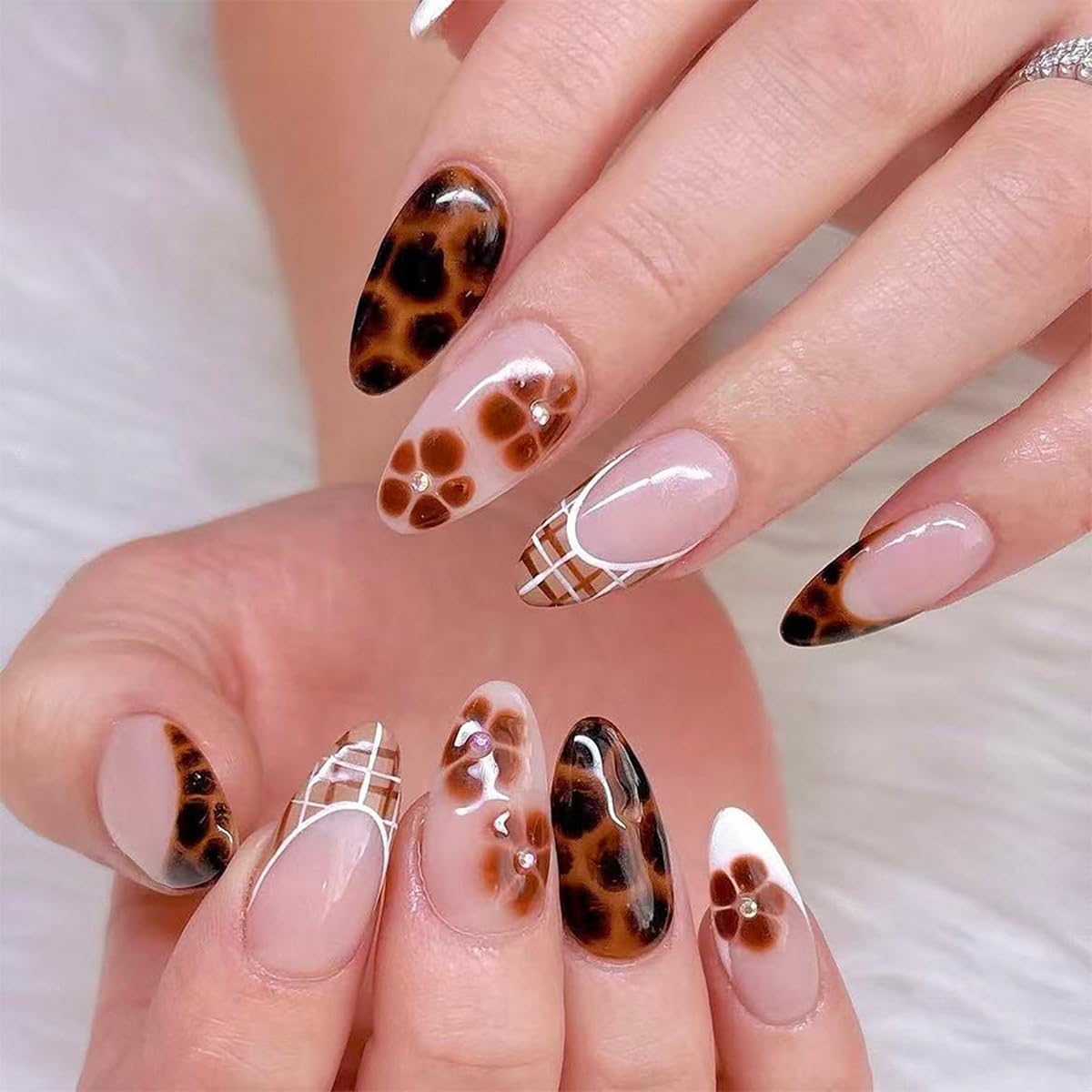 Fall Press on Nails Medium Almond, French Tip & Leopard Print