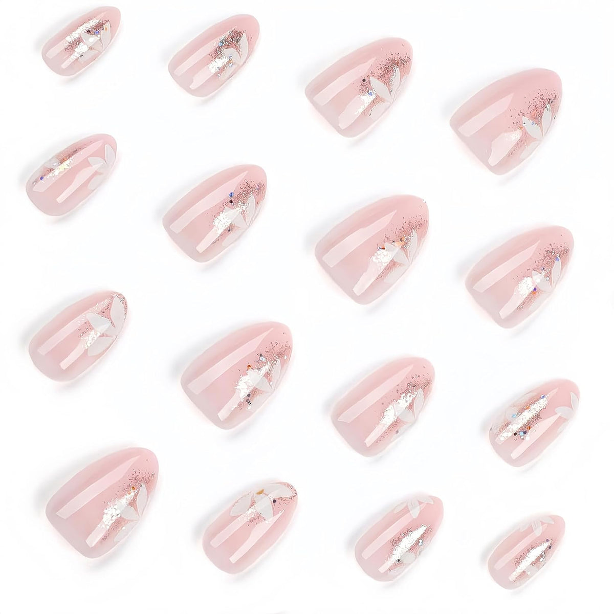 Fall Short Press On Nails Almond, Nude Fake Nails accented with golden glitter and Graceful White Floral Petal Design, Glossy Gel Finish Acrylic Nails, Natural Reusable Glue On Nails for Women