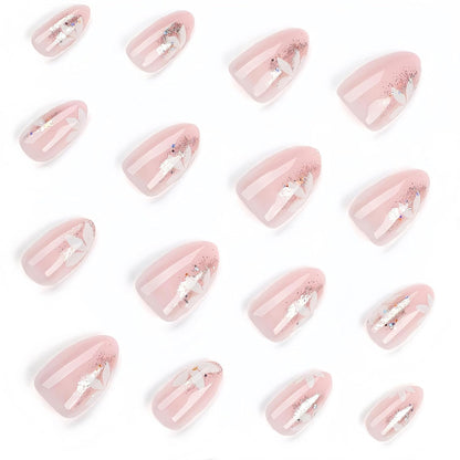 Fall Short Press On Nails Almond, Nude Fake Nails accented with golden glitter and Graceful White Floral Petal Design, Glossy Gel Finish Acrylic Nails, Natural Reusable Glue On Nails for Women