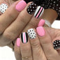 French Tip Press on Nails Short Almond Nude Fake Nails Press on with Polka Dot Design Stripe False Nails Glossy Full Cover Summer Nails for Women 24Pcs