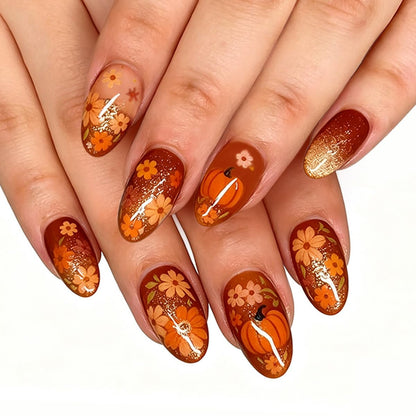 Fall Press on Nails Medium Almond, French Tip & Leopard Print