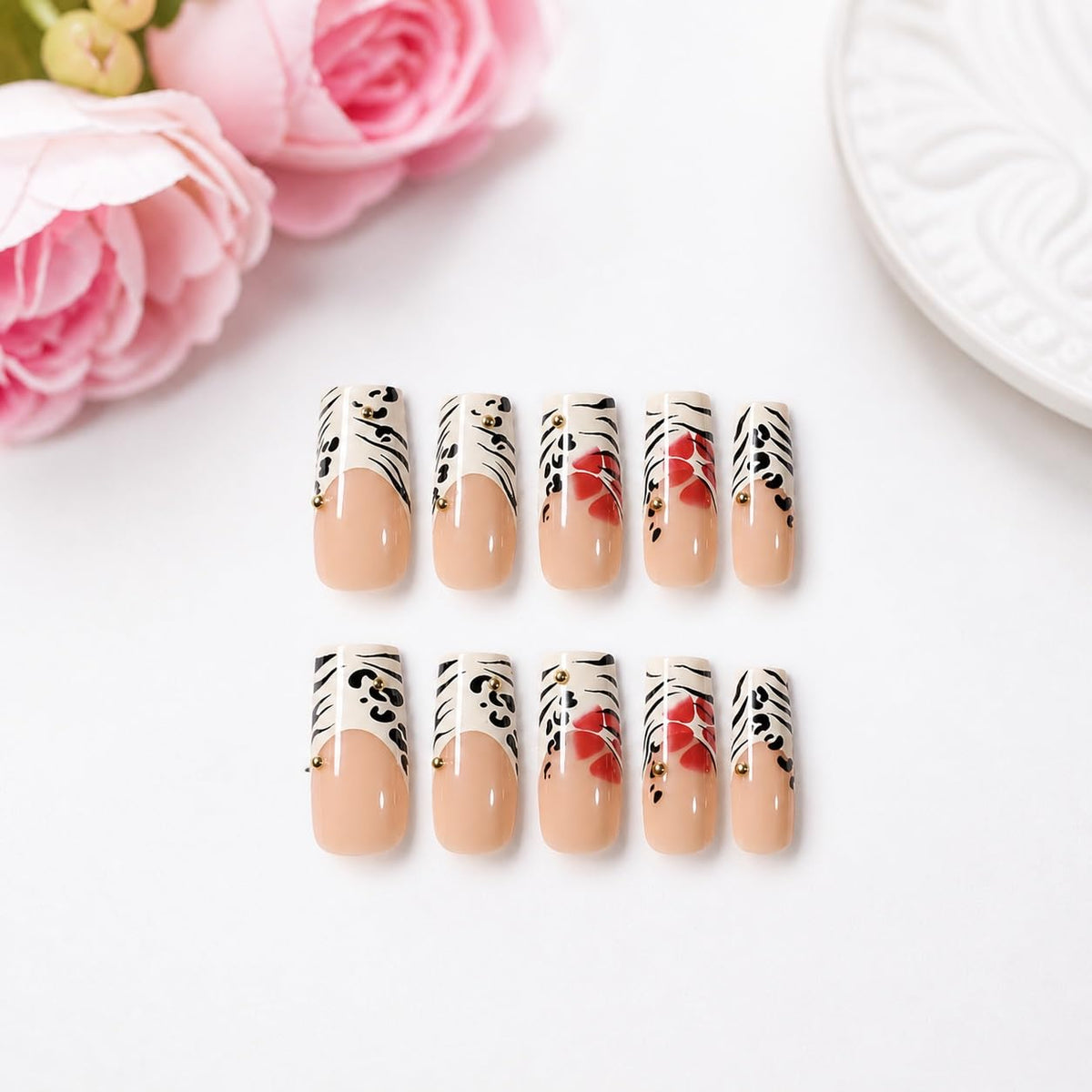Long Square Press on Nails - Leopard Print French Tip Fake Nails Press ons with 3D Gold Pearl and Red Flower Designs, Glossy Reusable Autumn Winter Stick on False Nails for Women 24PCS