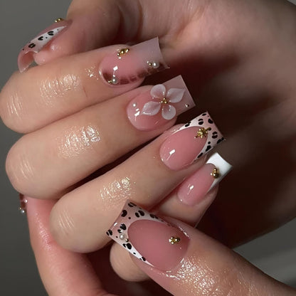French Tip Press on Nails Medium Almond Fake Nails Brown Fall Nails Press Ons Brown Flower False Nails with Gold Rhinestones Design Glossy Glue on Nail Acrylic Stick on Nail for Women Set 24Pcs
