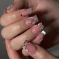French Tip Press on Nails Medium Almond Fake Nails Brown Fall Nails Press Ons Brown Flower False Nails with Gold Rhinestones Design Glossy Glue on Nail Acrylic Stick on Nail for Women Set 24Pcs