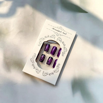 Purple Press On Nails Short Square Black Flowers Line Design Rhinestones