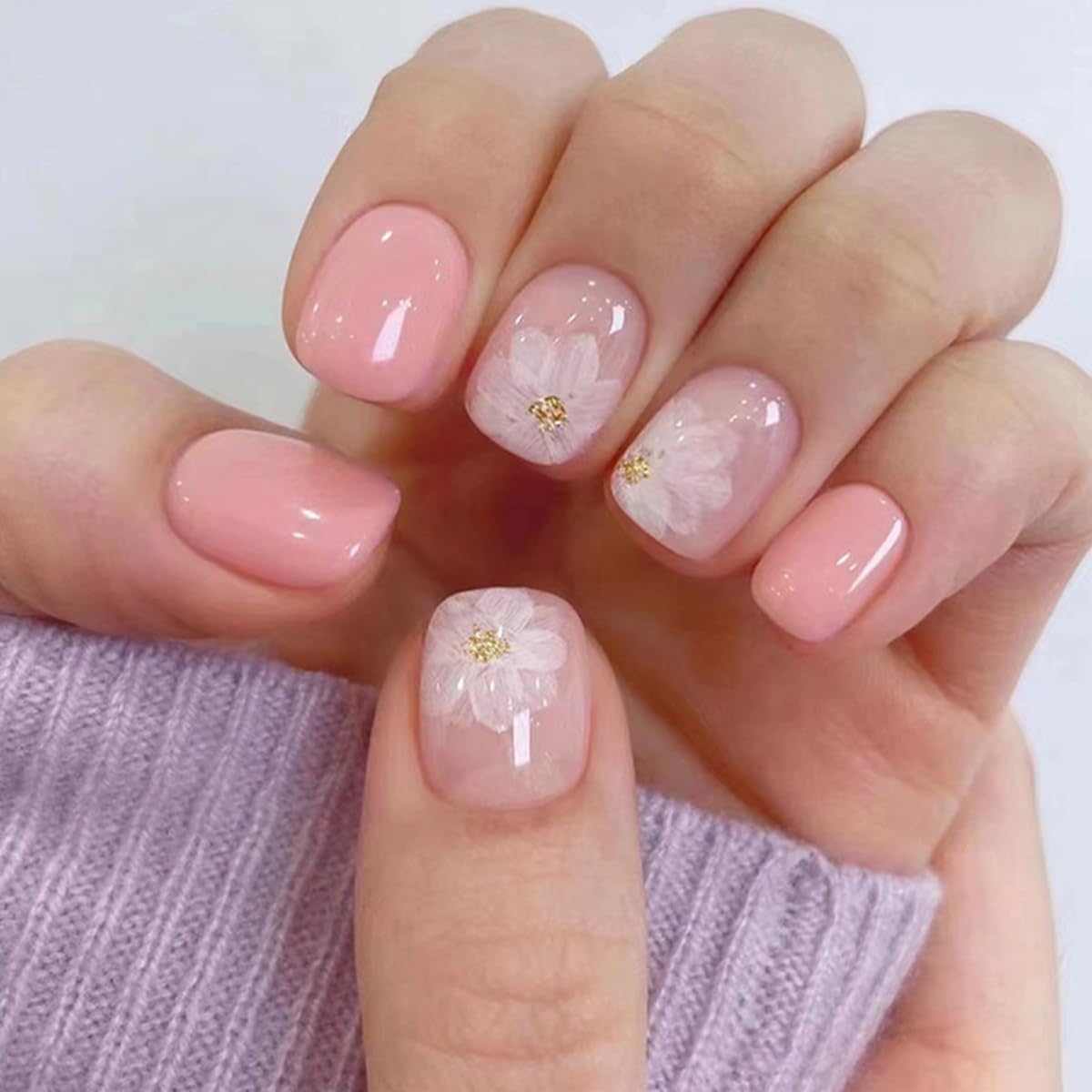 24 Pcs Nude Pink Press on Nails Short Square - YEFIUO Cute Fake Nails Press ons Glossy Nail Tips Full Cover False Nails with Ombre Designs Glue on Nails Kit Acrylic Set Festival Nail Art DIY for Women