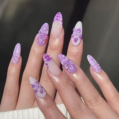 Spring Press On Nails French Fake Nails Medium Almond False Nails With Flower Pearl Designs Acrylic Nail Press Ons Full Cover Glue On Nails Glossy Stick On Nails For Women Manicure 24Pcs