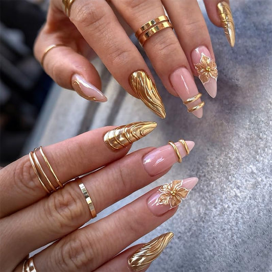Press On Nails French Tip Gilding Flower Medium Fake Nails，Reusable Adhesive 24Pcs Nail Kit For Women Manicure