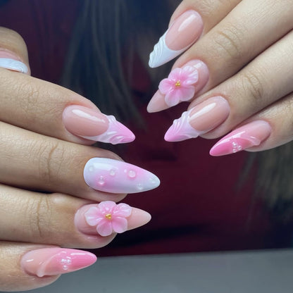 Fall Press on Nails Medium Almond French Tip, 30 Pcs Handmade 3D Flowers Gold Lines Embossed Designs, Glossy Nude Fake Nails, Reusable Glue On Nails, Full Cover Acrylic Nails for Women Brown