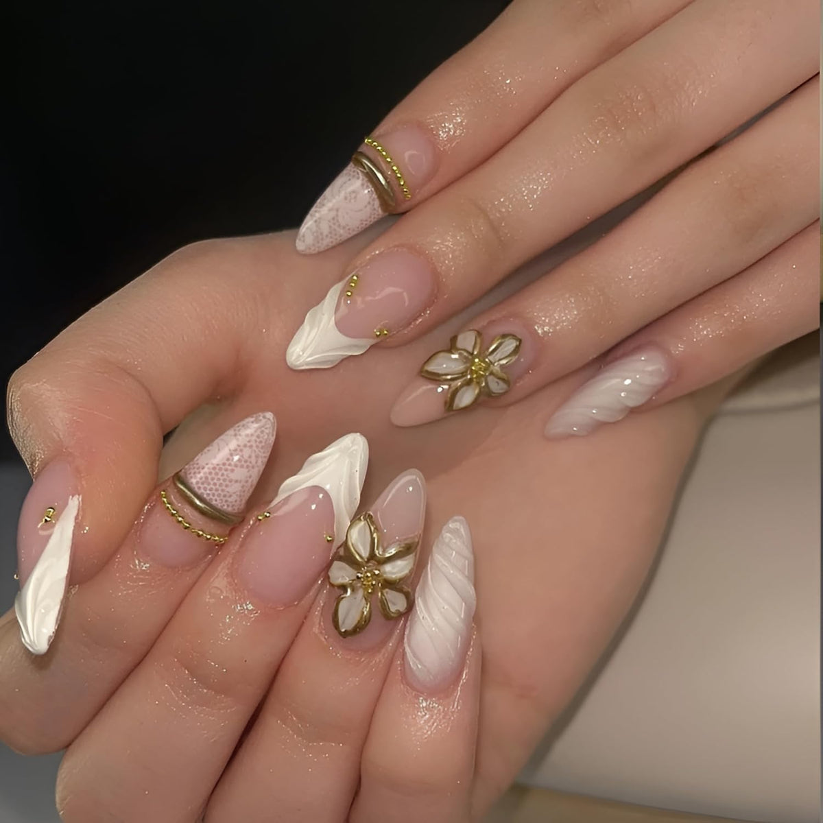 French Tip Press on Nails Medium Almond Fake Nails Brown Fall Nails Press Ons Brown Flower False Nails with Gold Rhinestones Design Glossy Glue on Nail Acrylic Stick on Nail for Women Set 24Pcs